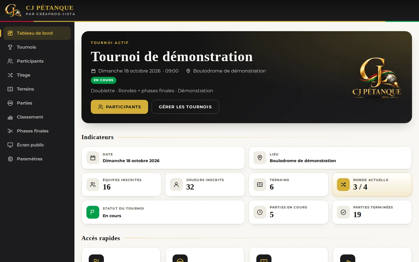 Tableau de bord de l'application CJ PÉTANQUE pendant un tournoi de démonstration
